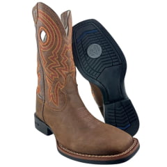 Bota Texana Masculina Durango Marrom Bordado Laranja Solado Flex Bico Quadrado
