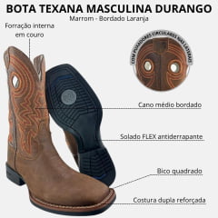 Bota Texana Masculina Durango Marrom Bordado Laranja Solado Flex Bico Quadrado