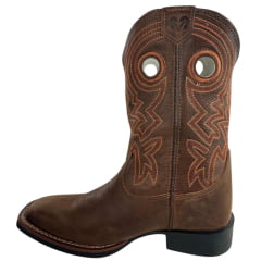 Bota Texana Masculina Durango Marrom Bordado Laranja Solado Flex Bico Quadrado