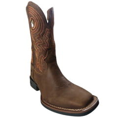 Bota Texana Masculina Durango Marrom Bordado Laranja Solado Flex Bico Quadrado