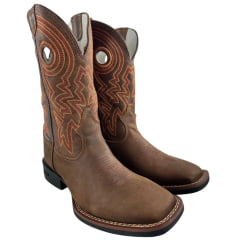 Bota Texana Masculina Durango Marrom Bordado Laranja Solado Flex Bico Quadrado
