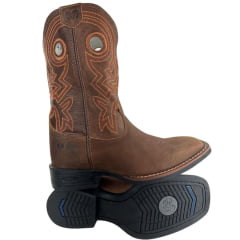 Bota Texana Masculina Durango Marrom Bordado Laranja Solado Flex Bico Quadrado