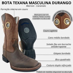 Bota Texana Masculina Durango Marrom Bordado Solado Flex Bico Quadrado