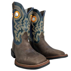 Bota Texana Masculina Durango Marrom Cano Azul Bordado Laranja
