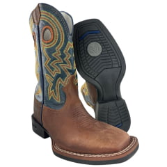 Bota Texana Masculina Durango Marrom Cano Azul Bordado Solado Flex Bico Quadrado