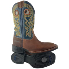 Bota Texana Masculina Durango Marrom Cano Azul Bordado Solado Flex Bico Quadrado