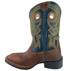 Bota Texana Masculina Durango Marrom Cano Azul Bordado Solado Flex Bico Quadrado