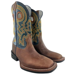 Bota Texana Masculina Durango Marrom Cano Azul Bordado Solado Flex Bico Quadrado