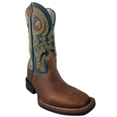 Bota Texana Masculina Durango Marrom Cano Azul Bordado Solado Flex Bico Quadrado