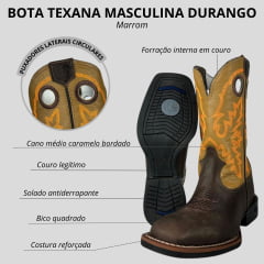 Bota Texana Masculina Durango Marrom Cano Marrom Caramelo Bordado Laranja