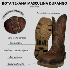 Bota Texana Masculina Durango Marrom Cano Marrom Escuro Bordado Vermelho Solado Work