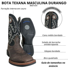 Bota Texana Masculina Durango Marrom Cano Preto Bordado Branco