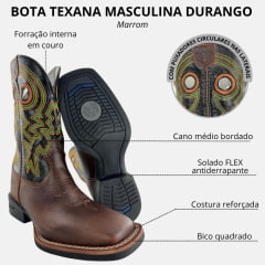 Bota Texana Masculina Durango Marrom Cano Preto Bordado Colorido