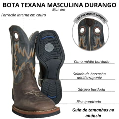 Bota Texana Masculina Durango Marrom Cano Preto Com Bordado Cinza E Laranja