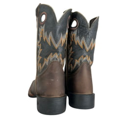Bota Texana Masculina Durango Marrom Cano Preto Com Bordado Cinza E Laranja