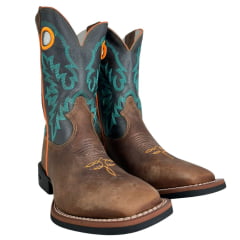 Bota Texana Masculina Durango Marrom Cano Preto Com Bordado Verde