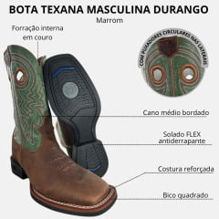 Bota Texana Masculina Durango Marrom Cano Verde Com Bordado Bronze