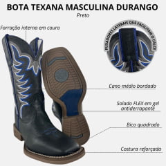 Bota Texana Masculina Durango Preta Bordado Azul E Branco Solado Gel