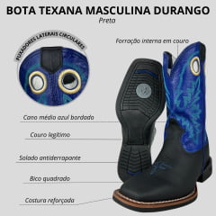 Bota Texana Masculina Durango Preta Cano Azul Bordado