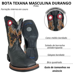 Bota Texana Masculina Durango Preta Cano Cinza Laranja