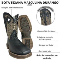 Bota Texana Masculina Durango Preta Com Bordado Marrom