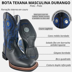 Bota Texana Masculina Durango Preto Bordado Azul Solado Flex Bico Quadrado