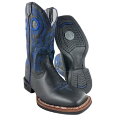 Bota Texana Masculina Durango Preto Bordado Azul Solado Flex Bico Quadrado