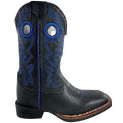 Bota Texana Masculina Durango Preto Bordado Azul Solado Flex Bico Quadrado