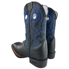 Bota Texana Masculina Durango Preto Bordado Azul Solado Flex Bico Quadrado