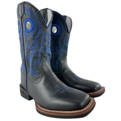 Bota Texana Masculina Durango Preto Bordado Azul Solado Flex Bico Quadrado