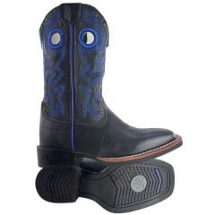 Bota Texana Masculina Durango Preto Bordado Azul Solado Flex Bico Quadrado