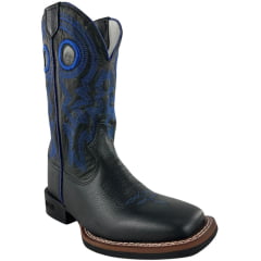 Bota Texana Masculina Durango Preto Bordado Azul Solado Flex Bico Quadrado
