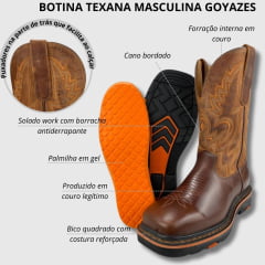 Bota Texana Masculina Goyazes B.Q Work Couro Atlanta Caramelo/ Dallas Terra - Ref.227402CK