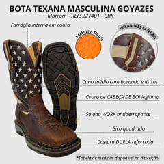 Bota Texana Masculina Goyazes Bico Quadrado Couro Cabeça De Boi Tan/Mustang Café REF: 227401 - CBK