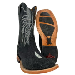 Bota Texana Masculina Goyazes Bico Quadrado Couro De Arraia Preto Cano Bordado Branco Ref:253003-ARC