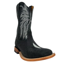 Bota Texana Masculina Goyazes Bico Quadrado Couro De Arraia Preto Cano Bordado Branco Ref:253003-ARC