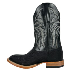 Bota Texana Masculina Goyazes Bico Quadrado Couro De Arraia Preto Cano Bordado Branco Ref:253003-ARC