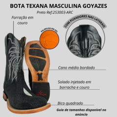 Bota Texana Masculina Goyazes Bico Quadrado Couro De Arraia Preto Cano Bordado Branco Ref:253003-ARC