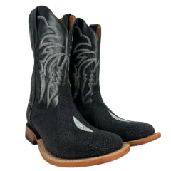 Bota Texana Masculina Goyazes Bico Quadrado Couro De Arraia Preto Cano Bordado Branco Ref:253003-ARC