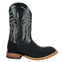 Bota Texana Masculina Goyazes Bico Quadrado Couro De Arraia Preto Cano Bordado Branco Ref:253003-ARC
