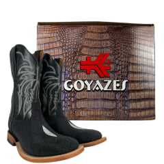 Bota Texana Masculina Goyazes Bico Quadrado Couro De Arraia Preto Cano Bordado Branco Ref:253003-ARC