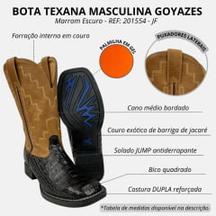 Bota Texana Masculina Goyazes Bico Quadrado Couro Jacaré Barriga Café/Pit Stop Havana REF: 201554 - JF