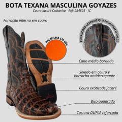 Bota Texana Masculina Goyazes Couro Jacaré Castanho Atlanta Café Bordado Ref:254803-JC-08