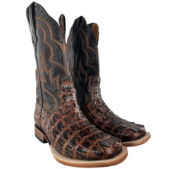 Bota Texana Masculina Goyazes Couro Jacaré Castanho Atlanta Café Bordado Ref:254803-JC-08