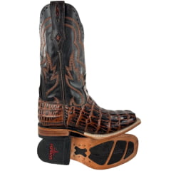 Bota Texana Masculina Goyazes Couro Jacaré Castanho Atlanta Café Bordado Ref:254803-JC-08