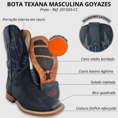 Bota Texana Masculina Goyazes Couro Turn Black Cano Bordado REF:201503-CC