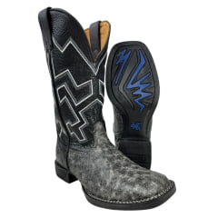 Bota Texana Masculina Goyazes Bico Quadrado Flex Couro Avestruz Grafite Stona/Pit Stop Preto C/ Cano Bordado REF:203050-AF