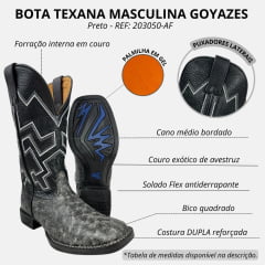 Bota Texana Masculina Goyazes Bico Quadrado Flex Couro Avestruz Grafite Stona/Pit Stop Preto C/ Cano Bordado REF:203050-AF