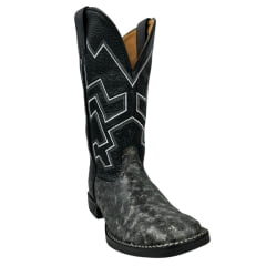 Bota Texana Masculina Goyazes Bico Quadrado Flex Couro Avestruz Grafite Stona/Pit Stop Preto C/ Cano Bordado REF:203050-AF