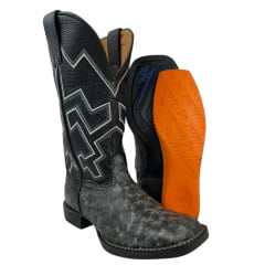 Bota Texana Masculina Goyazes Bico Quadrado Flex Couro Avestruz Grafite Stona/Pit Stop Preto C/ Cano Bordado REF:203050-AF